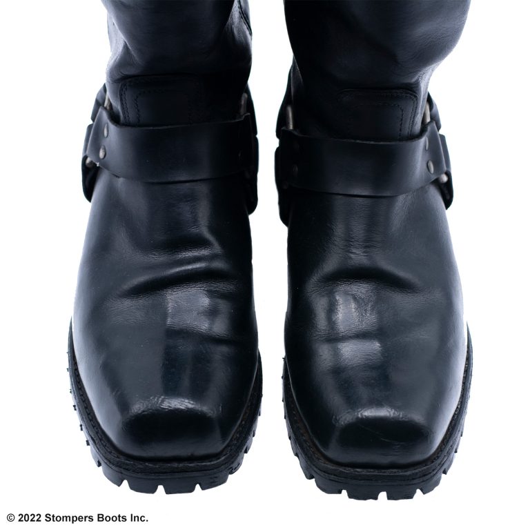 Frye 12 Inch Harness Boots Lug Sole Black Top Toe