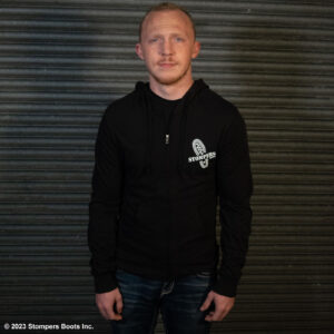 Stompers T-shirt Hoodie Black Front With Hoodie Down
