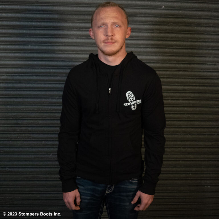 Stompers T-shirt Hoodie Black Front With Hoodie Down
