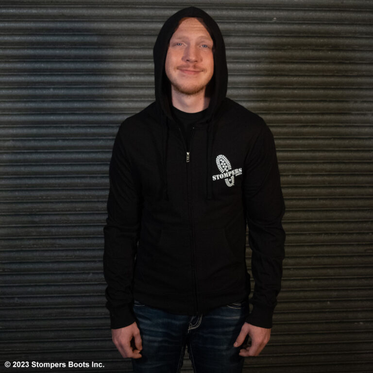 Stompers T-shirt Hoodie Black Front With Hoodie Up