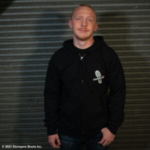 Stompers Zip Hoodie Black Front With Hoodie Down