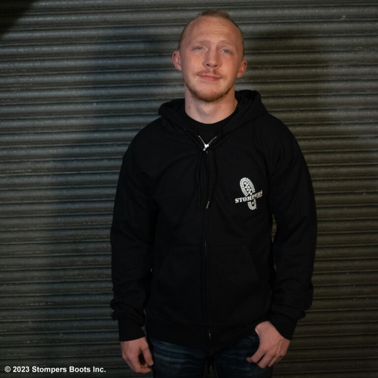 Stompers Zip Hoodie Black Front With Hoodie Down