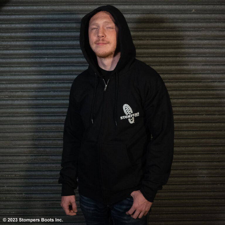 Stompers Zip Hoodie Black Front With Hoodie Up